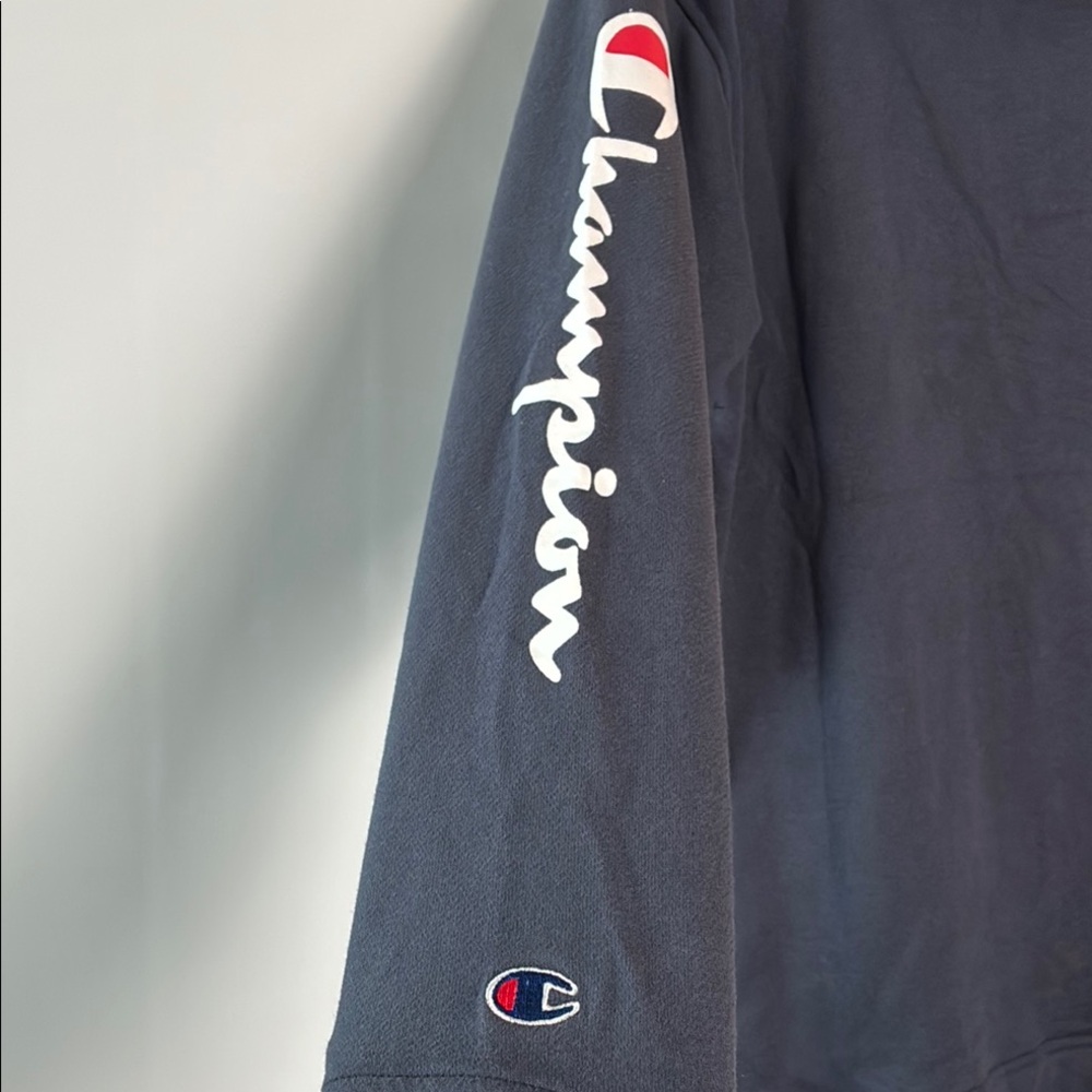 Champion Men's Dark Blue Hoodie with Red and White Logo and Kangaroo Pocket - Picture 8 of 9